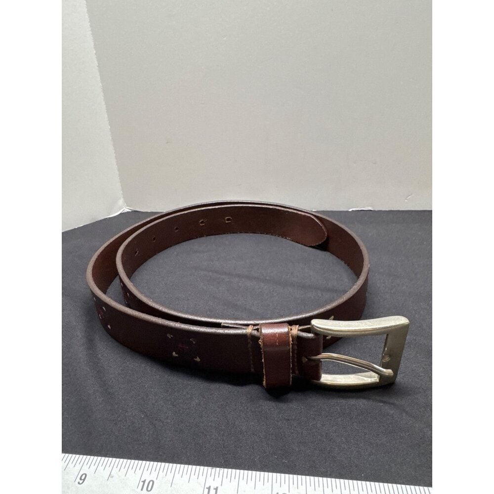 Vintage Brown Leather Belt Red & White Floral Design 1 Inch Wide Adjustable Leng